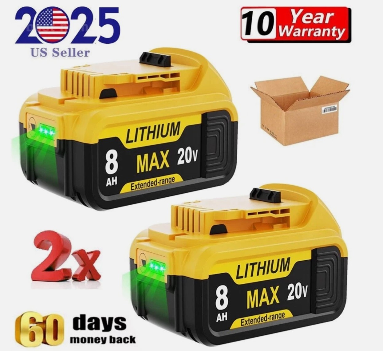 2PCS 8000mAh Replace for Dewalt 20V Max Battery 20V Lithium-ion DCB207 DCB208