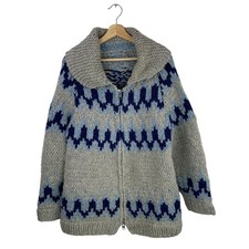 VTG Cowichan Wool Hand Knit Jacket Grey Nordic 50s/60s Sweater Cardigan Large