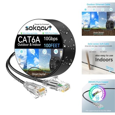 100ft Cat6a Outdoor Ethernet Cable Slim 10G Waterproof Direct Burial Pure Copper