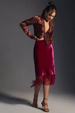 Anthropologie Fringed Velvet Midi Skirt Dark Pink Size S