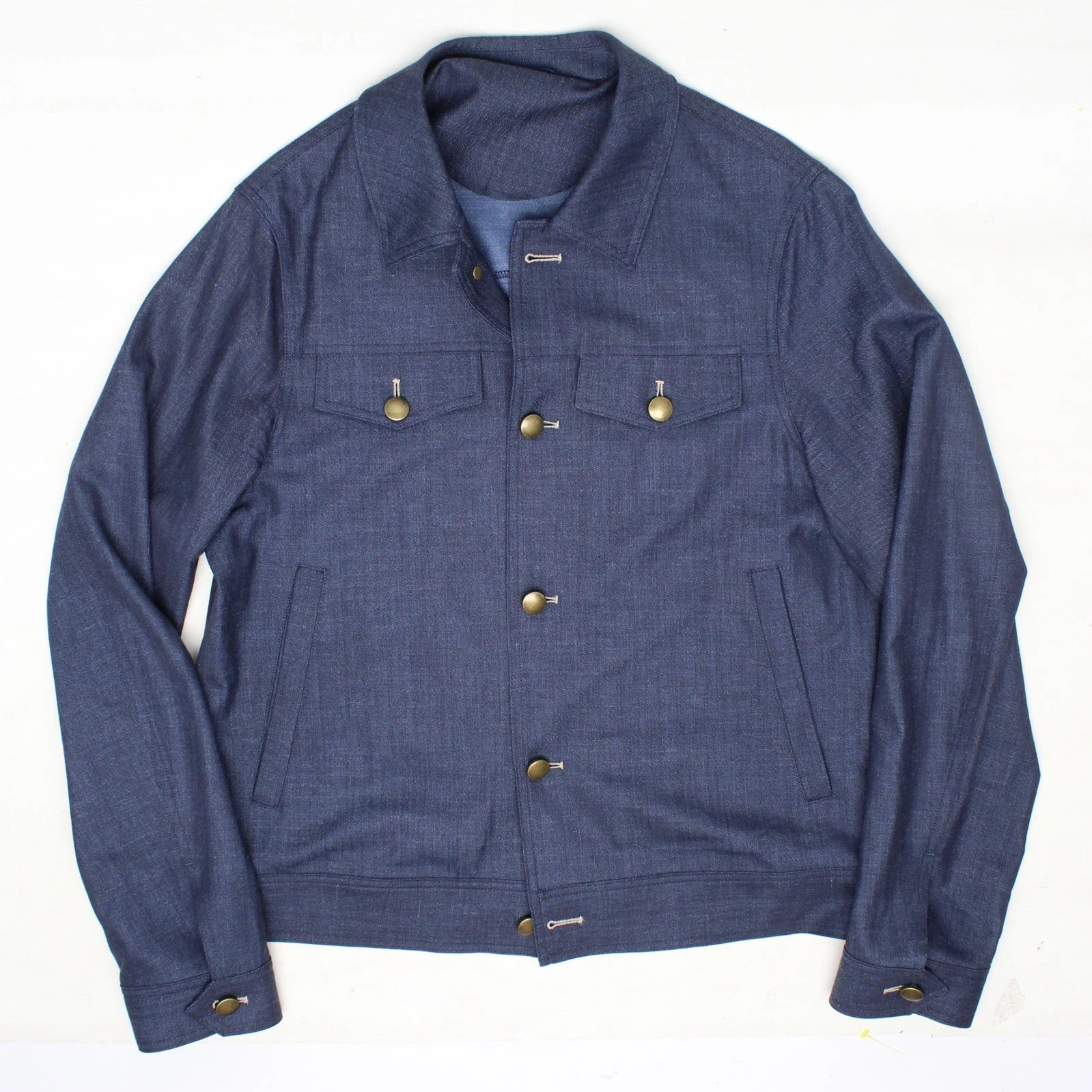 Custom Trucker Jacket Mens S Blue Stretch Denim Brass Button Lightweight