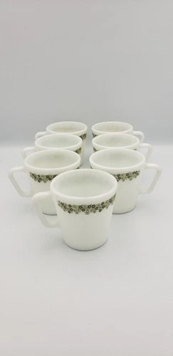 Vtg PYREX 1410 USA Spring Blossom Crazy Daisy 7 Set Coffee Mugs Cups D Handle 