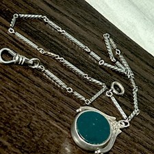 Antique 1898 Victorian Birmingham Silver Spinner Fob 14K White Gold Fill Chain