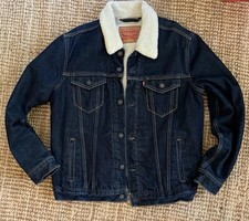 Levi s Sherpa Collar Premium Denim Trucker Jean Jacket Dark Blue Men s LARGE