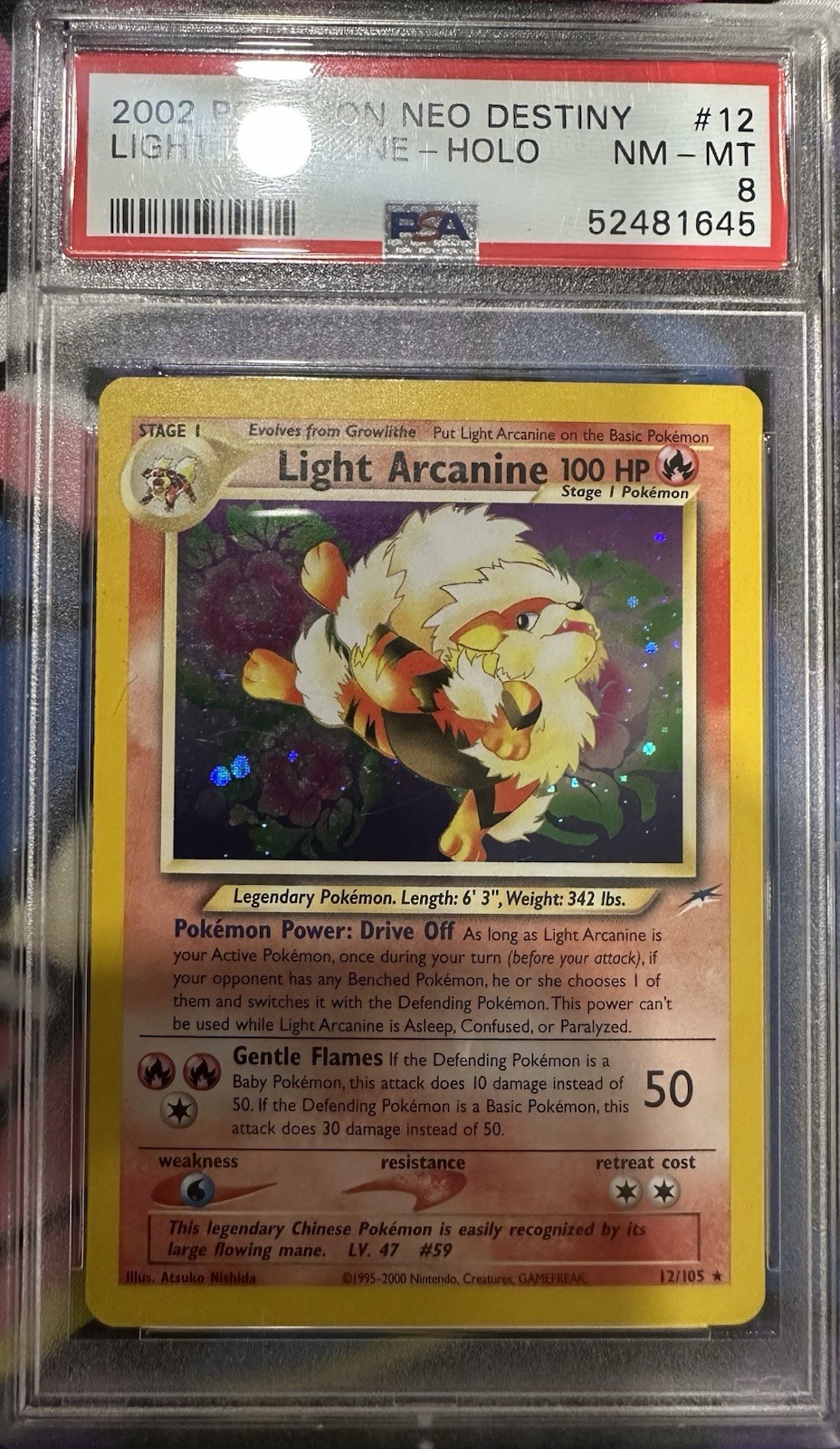 PSA 8 NM-MT Light Arcanine 12/105 Pokémon 2002 Neo Destiny Holo Rare Vintage
