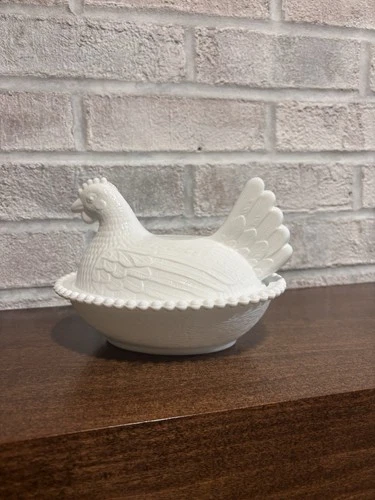 Indiana Milk Glass Hen on Nest Dish White 7" Farmhouse Bowl Cottagecore