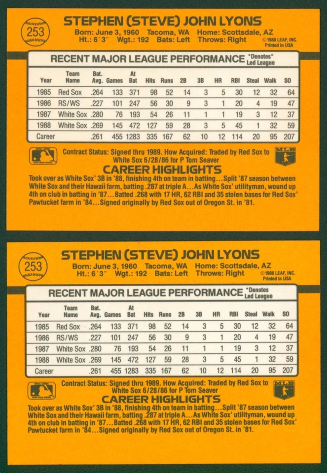 1989 Donruss STEVE LYONS #253 White Sox Rare Double Asterisk SP Error & Correct - Image 2 of 2