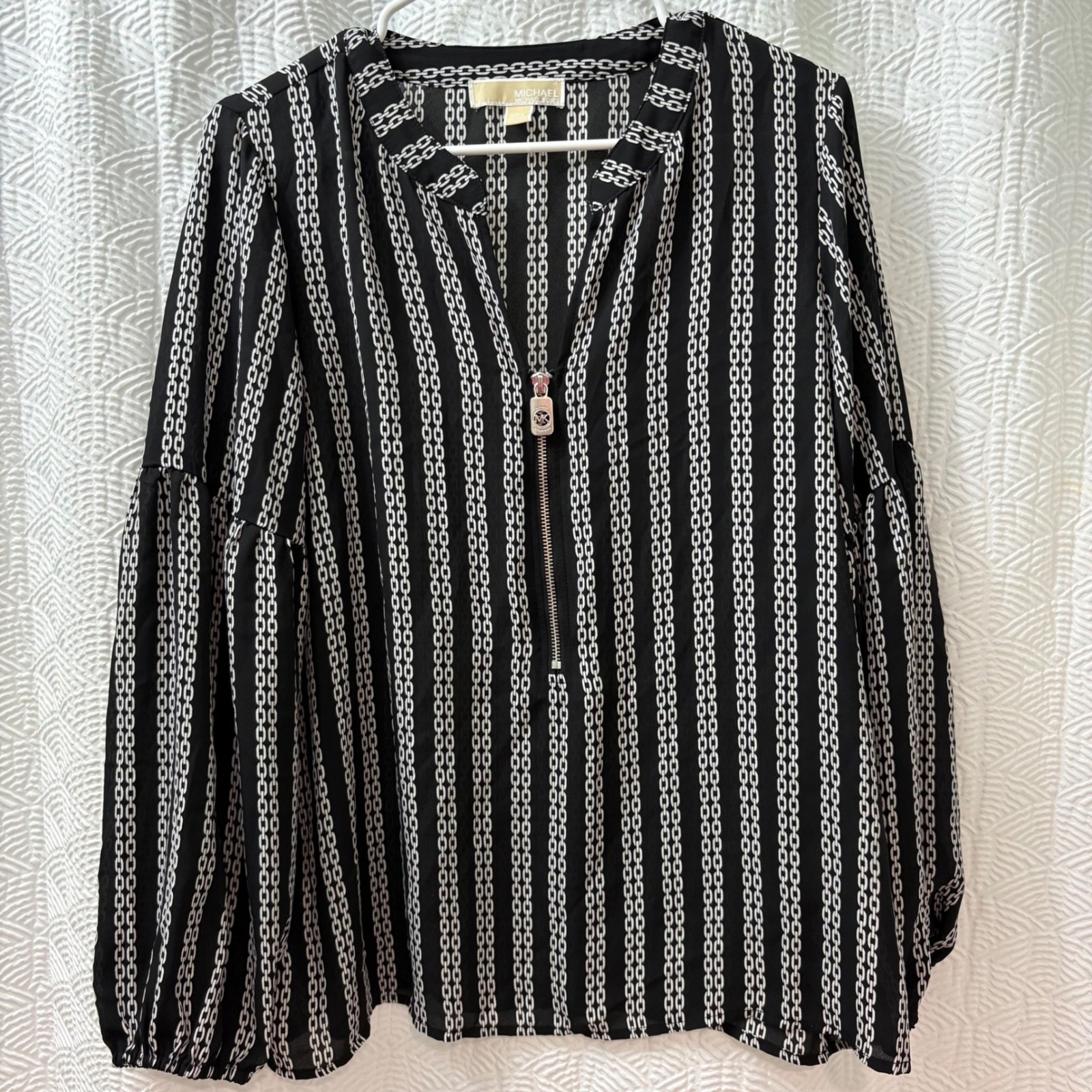 Michael Kors Black White Chain Print Zipper Neck Blouse Top Women's Size L