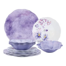 UPware 12 Piece Lavender Melamine Dinnerware Sets, Outdoor Dishes Set, Plates...