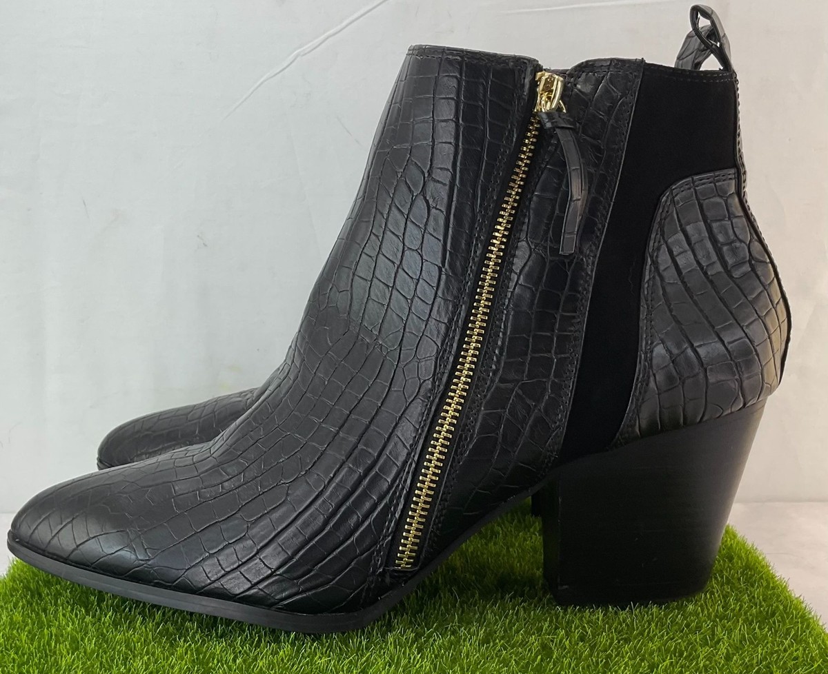 Black Croc-Embossed Ankle Booties With Gold Zipper Size 11W
