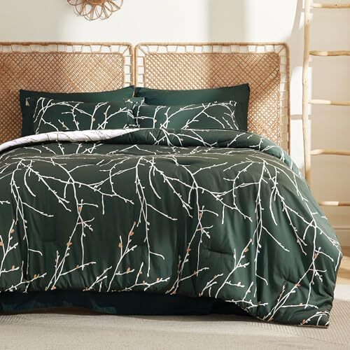 Forest Green Comforter Set - 7 Pieces Bedding Floral Queen 05 - Forest Green