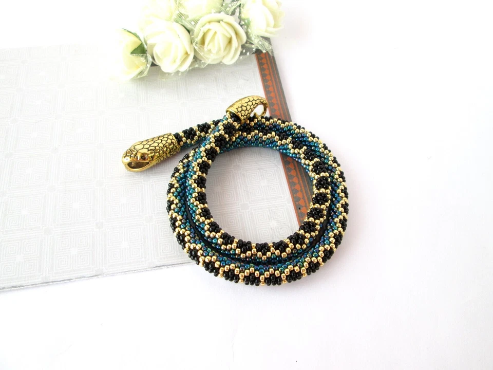 Turquoise Handmade snake bracelet Ouroboros jewelry Serpent rope Choker  - Image 3 of 4