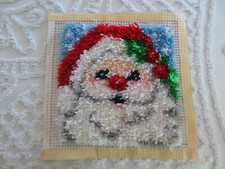COMPLETED Hand Crafted SANTA FACE LATCH HOOK PILLOW or WALL HANGING - 12" x 12"