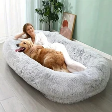 Large Human Dog Bed Non-Slip Bottom Storage Pocket Comfy Plush Large Bean Bag