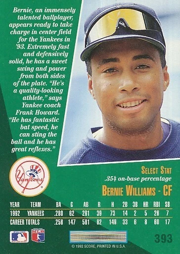#393 NEW YORK YANKEES # BERNIE WILLIAMS # BASEBALL CARD SCORE SELECT MLB 1992 - Photo 2/2