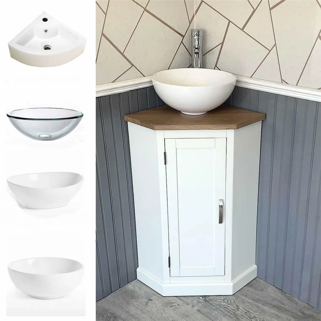 Cloakroom Corner Bathroom Vanity White Unit Oak Top Ceramic Basin
