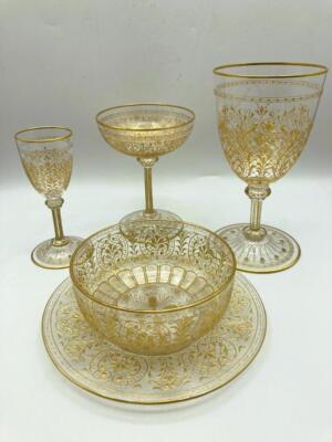 EXQUISITE DECADENCE! FIVE PIECE LOBMEYR  MOSER CUT GILT STEMWARE BOWL PLATE SET!