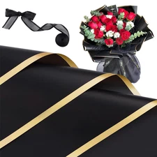 20 Sheets Black Flower Wrapping Paper, Waterproof Floral Wrap Gold Edge Bouquet