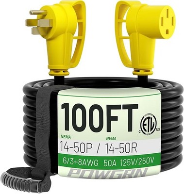 POWGRN NEMA 14-50P to 14-50R 50 Amp RV EV Extension Cord 100 FT