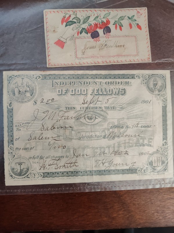 ODD Fellows Receipt 1901, Salem, Missouri J. M. Faulkner