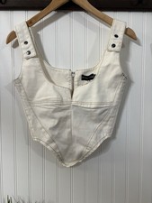 PrettyLittleThing White Denim Corset Top Zip Front Bustier Wide Strap NWT