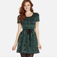 Jessica Simpson Dress Heavy Knit Green Black With Belt Christmas Holiday Women M
