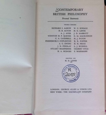 Contemporary British Philosophy. Personal Statements. Lewis, H.D.: