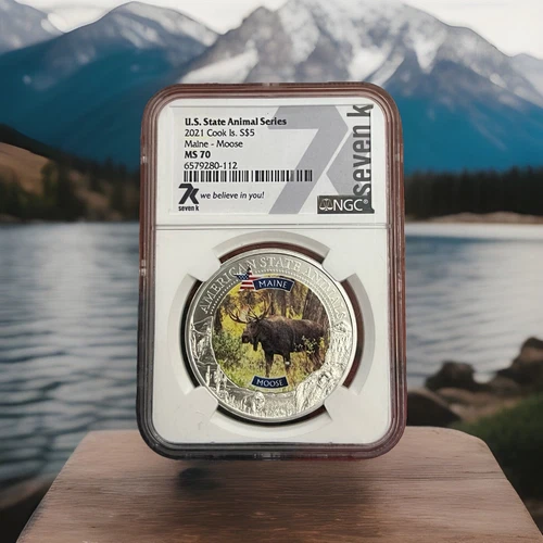 2021 SILVER COOK ISLANDS $5 MAINE MOOSE U.S. STATE ANIMAL 1 OZ COIN NGC MS 70