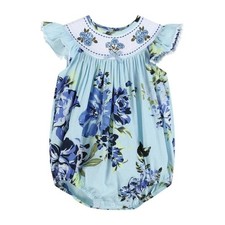 Vintage Blue Rose Print Smocked Romper 12-18 Months