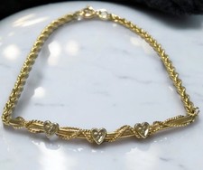 Vintage 14K Yellow Gold Triple Heart Diamond Accent 2mm Rope Chain Bracelet 7.5"