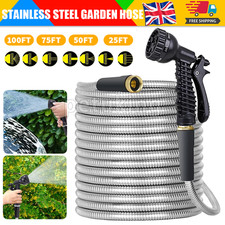 25/50/75FT Stainless Steel Garden Hose Pipe Water Kink-Free With Spray Gun UK