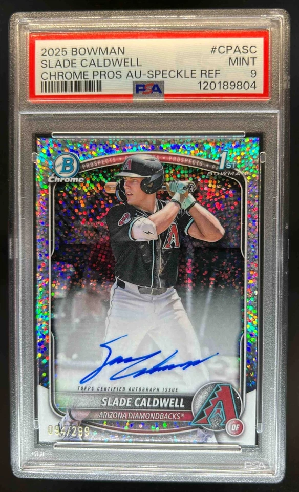 2025 Bowman Slade Caldwell Chrome Auto Speckle Refractor 1st #94/299 PSA 9