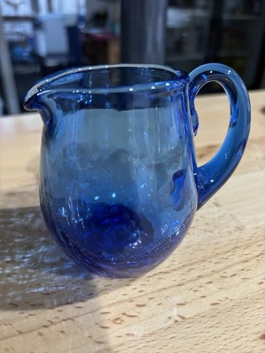 VTG BLENKO BLUE CRACKLE HAND BLOWN GLASS CREAMER