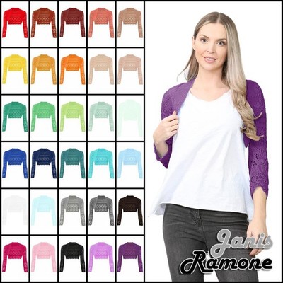 Damen Häkel Strick Langarm Achselzucken vorne offen Bolero Cardigan Crop Top