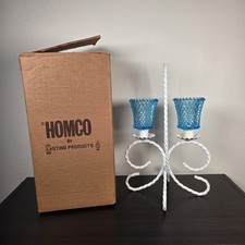 Vintage HOMCO Double Candle Holder Blue Hobnail Glass Votive Cups White Metal