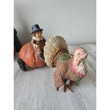 vintage Bethany Lowe AS IS Pilgrim turkey cart pumpkin corn Thanksgiving