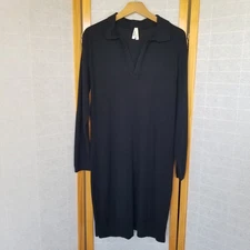 PACT Black Sweater Dress Size Medium Polo Collar Long Sleeves Organic Cotton