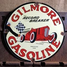 VINTAGE 1939 DATED GILMORE GASOLINE RECORD BREAKER PORCELAIN GAS OIL SIGN