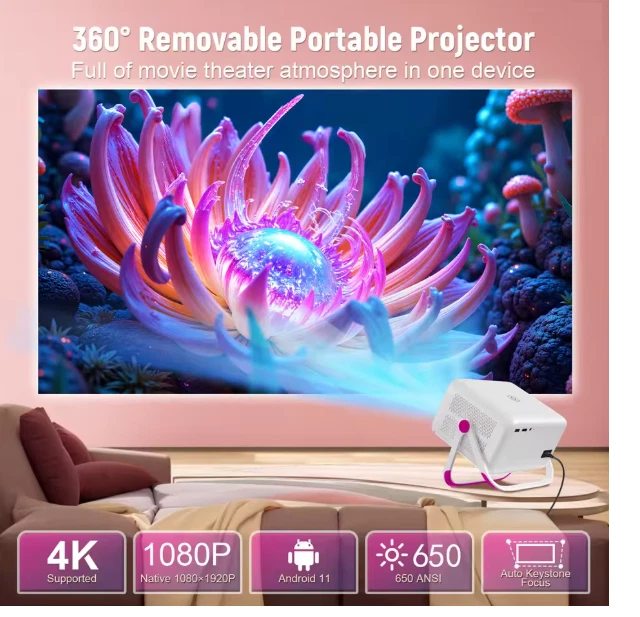 DT Pink 4K HD Projector 650 ANSI 1080P Auto Focus  Wifi6 BT5.2 Portable-NEW - Image 3 of 4