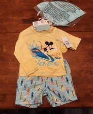 Disney Mickey Mouse Swimsuit 24 Months 3pc Rash Guard Swim Set Hat NWT Boys