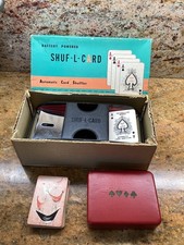 Ancien mélangeur de cartes automatique Shuf-L-Card, étui à cartes et cartes à jouer