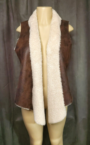 Brown Faux Leather Open Vest with Faux Fur Lining & Collar Size L - Imagen 1 de 12