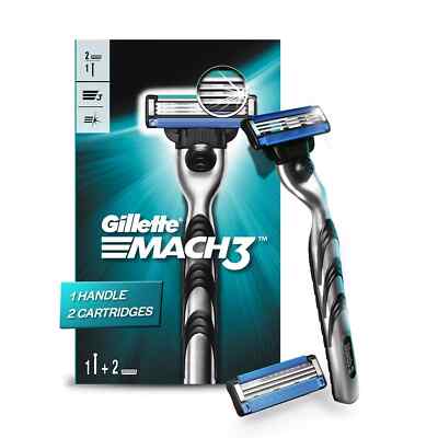 Gillette Mach 3 (Handle + 2 Cartridges) Razor Men with 3 Anti-Friction blades