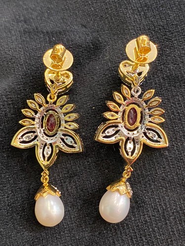 Pave 7.39 Cts Round Brilliant Diamonds Ruby Pearl Dangle Earrings In 14K Gold - Picture 12 of 12
