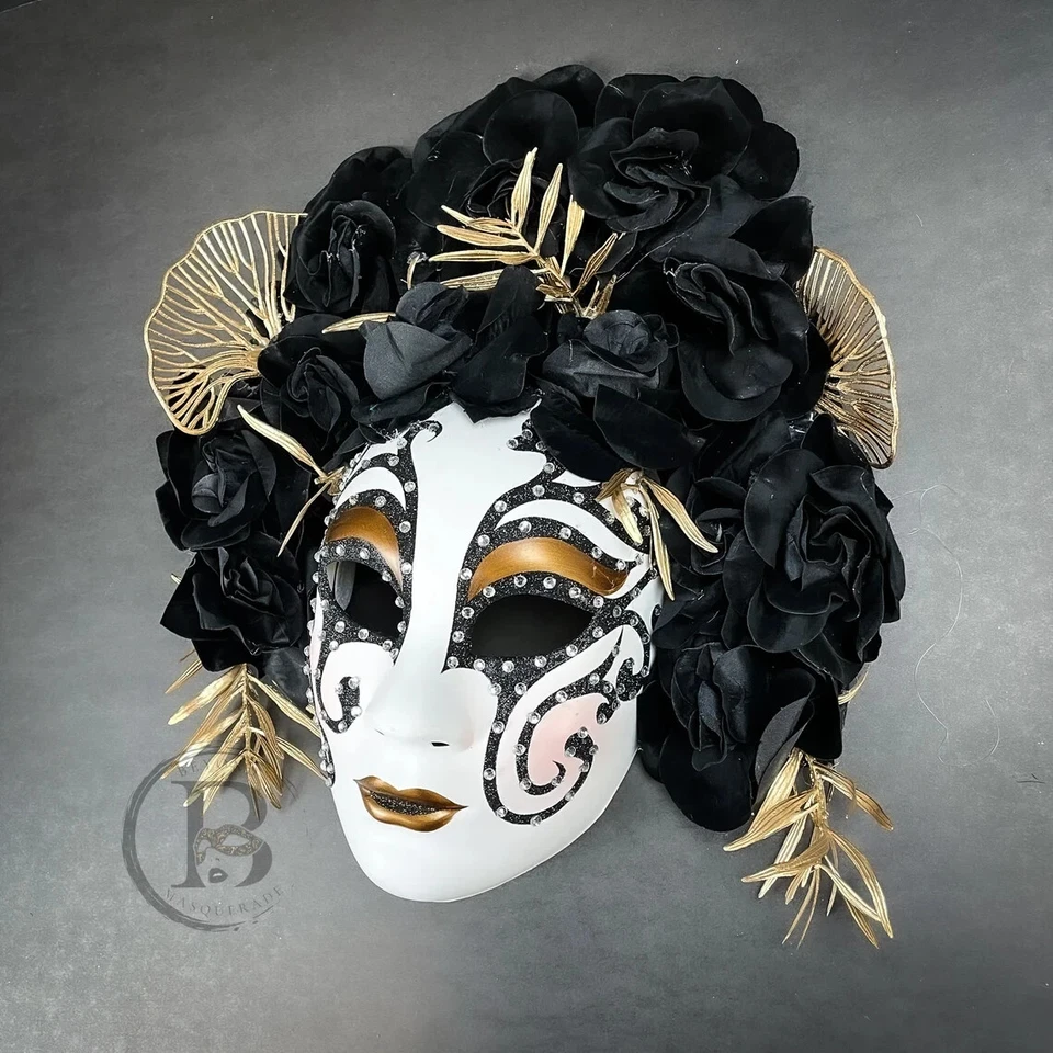 Day of the Dead Dia de los Muertos Full Face Masquerade Mask with Black Flowers - Image 3 of 3