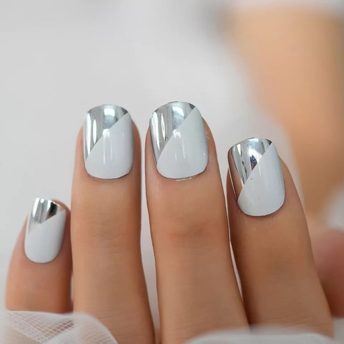 24 Short Silver White chrome Press on nails set with glue shiny metallic mirror - Picture 5 of 8