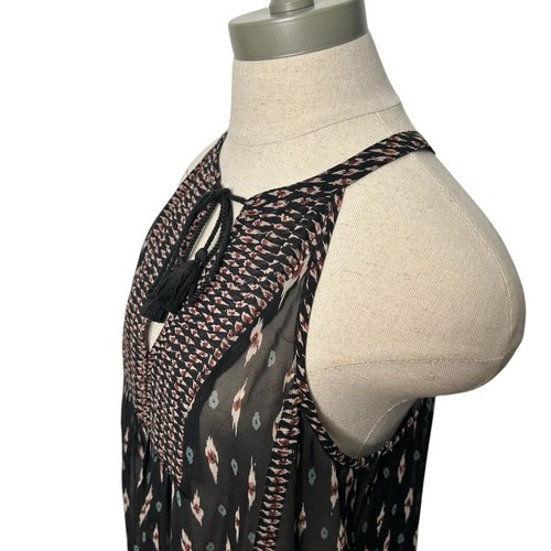 Joie Shara D Sheer 100% Silk Black Caviar Print Keyhole Tassel Boho Medium - Picture 5 of 14