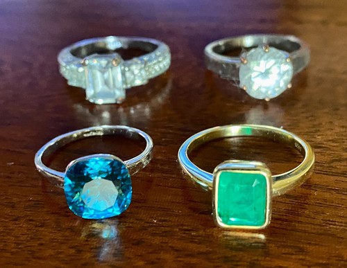 Lot of four costume jewellery rings deco art solitaire large silver