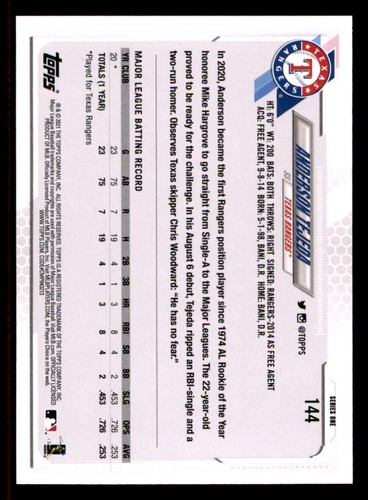 2021 Topps #144 Anderson Tejeda RC - Picture 2 of 2
