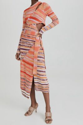 $695 Jonathan Simkhai Women Orange Wool Striped Selah Self-Tie Wrap Dress Size S